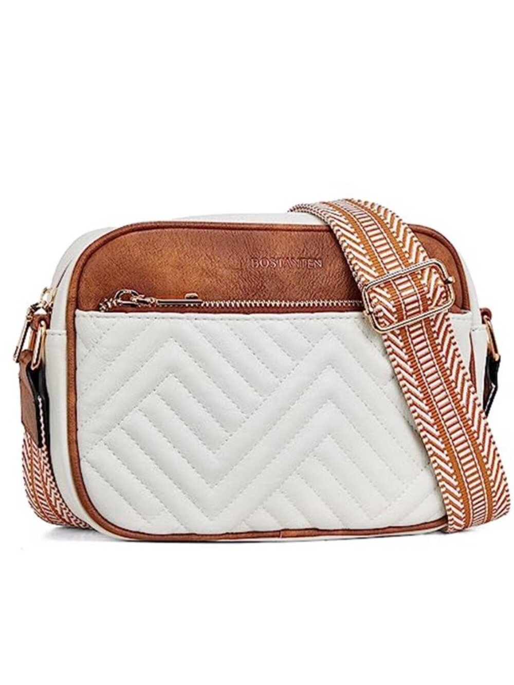 Quilted Crossbody Bag White Brown Vegan Leather Shoulder Purse Wide Strap